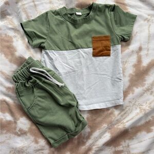 Green and White Toddler Outfit with Brown Pocket 3T